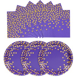 Purple and Gold Paper Plates- 100 Pack- 50 x 7" Paper Plates & 50 x 6.5" Napkins, Purple Paper Plates and Napkins Party Supplies for Birthdays Receptions and All Occasions