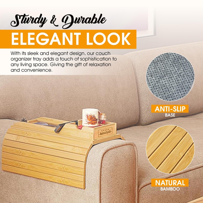 Bamboo Couch Cup Holder Tray with 2 Cork Coasters, Caddy,