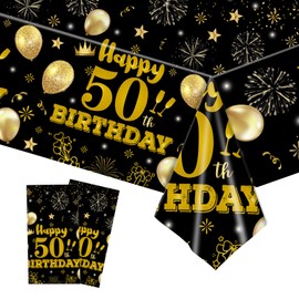 HFBOBP 2 Pack 50th Birthday Tablecloths,54 x 108 inch Disposable Black and Gold Plastic Waterproof Rectangular Table Covers for Men’s Christmas Party Decorations