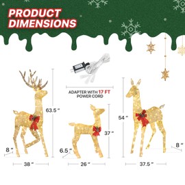 mollie 3 Pieces Lighted Christmas Reindeer Family, Lighted Deer Xmas Decoration w/ 360 Warm Lights, Stakes, Zip Ties for Yard Patio Lawn Garden, Gold
