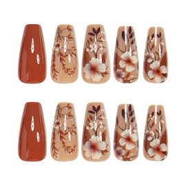 Fall Press on Nails Dark Brown Medium Coffin False Nails Flower Glue on Nails Reusable with Floral Designs Glossy Autumn Full Cover Artificial Stick on Nails for Women Manicure 24 Pcs