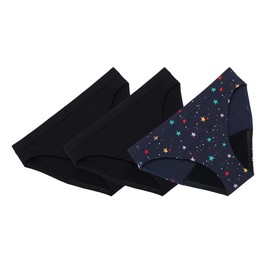 THINX Teens Period Underwear, Bikini-Style Period Panties for Teens, Holds Up to 12 Regular Tampons*, Period Panties, Leakproof & Reusable, (2) Black + (1) Lucky Stars, Size 15/16