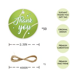 50pcs Tennis Round Thank You Tags, Green Tennis Gift Tag with String for Birthday Party, Ball Thank You Paper Tags for Sport Themed Appreciation Party Favors
