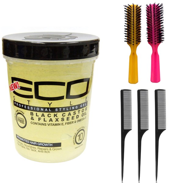 Eco Style Gel Black Castor & Flaxseed Oil, 32 oz (Including 3 Piece Rat Tail Hair Comb Set & 2 pc Colorful Handle Nylon Bristles Brushes)
