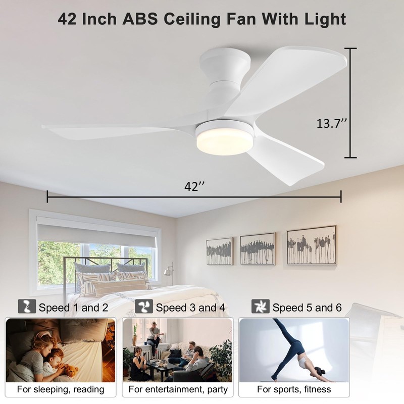 OMYU 42 inch Flush Mount Ceiling Fans with Lights, Dimmable,