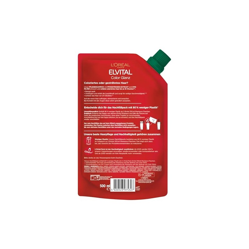 L'Oréal Paris Elvital Shampoo Nachfüllpack, Haarshampoo für coloriertes, getöntes oder