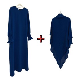 Women Prayer Dress Muslim Ramadan Garment Abaya Dubai Islam 2 Piece Set Layered Khimar Scarf Hijab and Long Dress Dark Blue