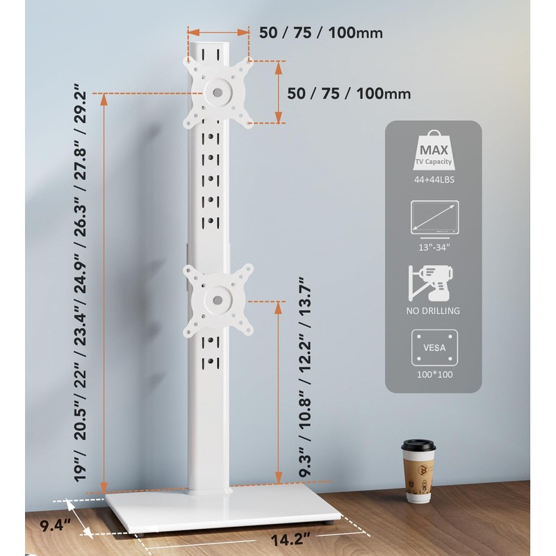 Dual Monitor Stand - Vertical Stack Screen Free-Standing Monitor Riser