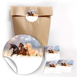 JuNa-Experten 12 Natural Gift Bags + 12 Stickers Three Horses - Perfect Party Bags for Party Favours at Children's Birthday Party for Girls, Gift Packaging