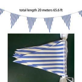 20 Meters 66ft Blue and White Stripes Pennant Bunting Striped Banner, Double Sided Fabric Triangle Fags Garlands Party Decorations for Birthday Baby Shower