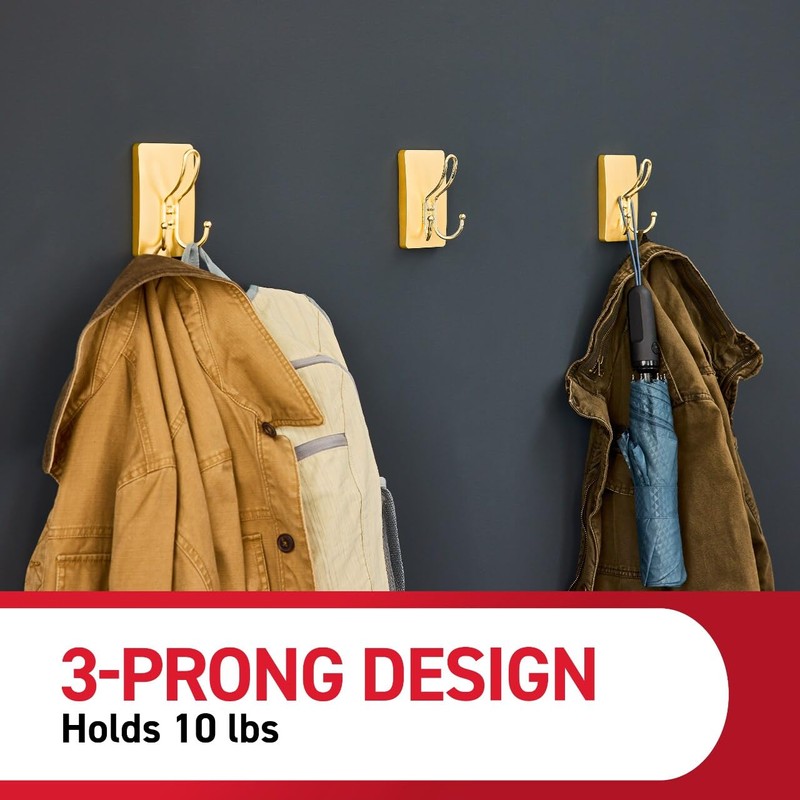 Command X-Large Satin Brass Triple Hook, 1 Hook, 3 Strips,