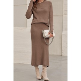Arach&Cloz Women's Two Piece Outfits 2025 Fall Fashion Cashmere Casual Lounge Sweater Long Sleeve Raglan Cuffs Knit Top Midi Dress Matching Work Sets Business Outfits (Brown XL)