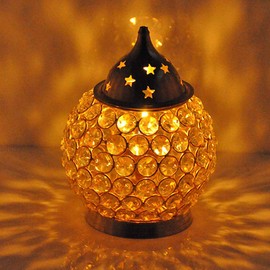 Haschart Akhand Diya Decorative Brass Crystal Oil Lamp Tea Light Holder Lantern Oval Shape | Puja Lamp