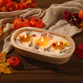 Conelist 9.45'' Large Fall Wooden Dough Bowl Candle Centerpiece Real Dried Flowers Soybean Wax Wooden Bowl Candles for Fall Autumn Thanksgiving Baby Shower Birthday Gift Holiday Table Decor