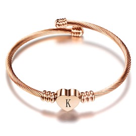 Luluadorn Rose Gold Heart K Letter Bracelets Engraved Initial Charms Cuff Bracelet Stainless Steel Expandable for Women Birthday Gifts