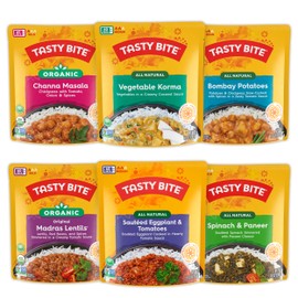 Tasty Bite Variety, Pack of 6, Bombay Potatoes, Kashmir Spinach, Punjab Eggplant, Channa Masala, Madras Lentils, Vegetable Korma