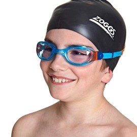 Zoggs Phantom 2.0 Childrens Swimming Goggles, UV Protection Swim Goggles, Split Yoke Swimming Goggle Strap, Fog Free Clear Swim Goggle Lenses, Quick Fit childrens Goggles 6-14 years, Blue/Orange/Clear
