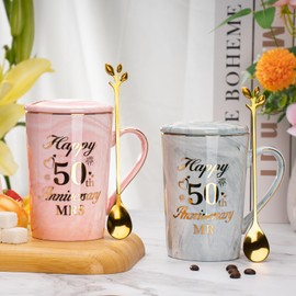 Golden Anniversary Wedding Gift, 2PCS Happy 50th Wedding Anniversary Mr and Mrs Gift Marble Ceramic Cups Set 14oz, 50 Years of Marriage, Golden Weddin-g for Couple, Parents, Grandparents, with Giftbox