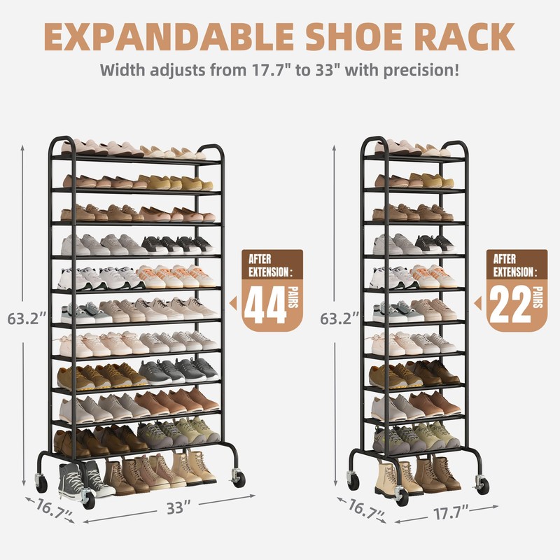 STORAGE MANIAC 10-Tier Expandable Shoe Rack, 44 Pairs Tall Vertical