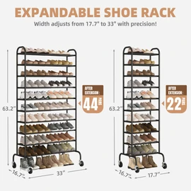 STORAGE MANIAC 10-Tier Expandable Shoe Rack, 44 Pairs Tall Vertical Shoe Rack, Heavy-Duty Metal Adjustable Shoes Organizer for Closet, Entryway, Hallway, Garage, Front Door, Shoes Shelves, Black