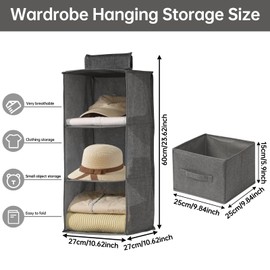 FALSKT Wardrobe Hanging Storage with Removable Drawer 3 Shelves Hanging Closet Storage Organizers Foldable Hanging Storage for Closet Living Room Bedroom, 11x11x24inch(Grey)