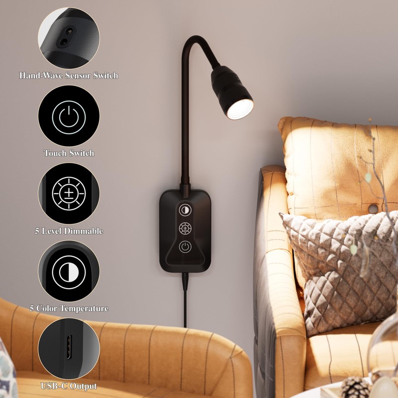 Wall Mounted Reading Light, Wall Light with Motion Sensor Switch,