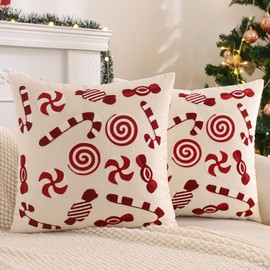 Tosleo Christmas Throw Pillow Cover 18 x 18 inch Set of 2 Beige Candy Cane Velvet Pillow Case Merry Christmas Party Decor Pillowcase Winter Holiday Cushion Case