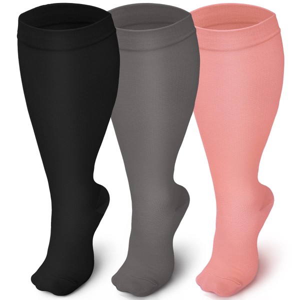 Iseasoo - Calcetines de compresión de talla grande para hombres y mujeres, 3 pares de medias de compresión de pantorrilla ancha para la rodilla, soporte para la circulación, enfermeras, correr, 3XL