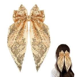 Gold Glitter Hair Bow Clip for Women Girls Big Christmas Bow Hair Clips Gold Cosplay Christmas Hair Accessories for Girls Women Sparkly Long Tail Hair Bow Clips Cute Christmas Hair Bow Barrette Bling