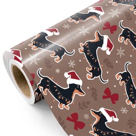 WRAPAHOLIC Dog Christmas Wrapping Paper Roll - Mini Roll - 17 Inch x 16.5 Feet - Dachshund Dog and Red Bow Wrapping Paper for Christmas, Holiday, Party Celebration