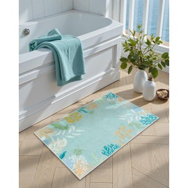 Seavish Coastal Area Rug 2x3, Small Aqua Green Underwater Theme Rug, Low Pile Non Slip Modern Nautical Entryway Rug, Washable Indoor Ocean Throw Rugs for Bathroom Kitchen Sink Laundry Doormat