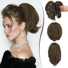 RUWISS Claw Clip Short Human Hair Ponytail Extension with Bendable Metals for DIY Styles, Straight Messy Bun Hair Piece for Women Thick Hairpieces for Daily Wear, 9 Inch Brown