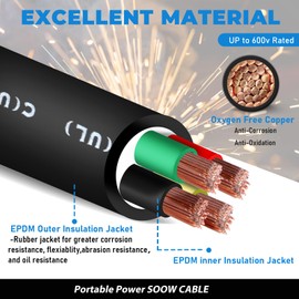 25FT 6/4 6AWG SOOW Portable Power Cable (4 Conductor，600V 6 Gauge Electrical SOOW Wire for Welder Machine, Generator, EV Car Charger,Portable Light, Motor Lead, Industrial Outdoor