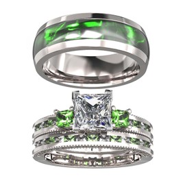 TWO RINGS Wedding Ring Sets His And Hers Promise Ring Couples Bridal Sets Women 925 Sterling Silver Square Cz Man Titanium Enamel Wedding Band