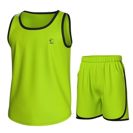 Essenclo Boys Clothing Sets, Boys Athletic Shorts & Sleeveless Shirts, Crew Neck Kids Tank Top Clothes Size 3-16 (2 Pcs Set) - E1001 - Lime Green - 9-10