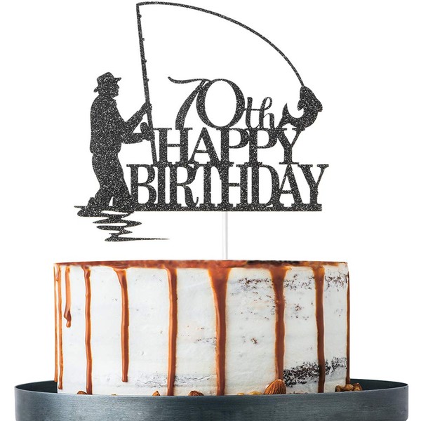 Black Glitter Fisherman Happy 70th Birthday Cake Topper, 70th Birthday Decorations, Fisherman 70th Birthday Party Supplies