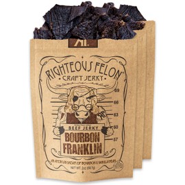 Righteous Felon Beef Jerky - Bourbon Franklin Flavor - All-Natural Bourbon Jerky - Locally Sourced & Dried Beef Jerky - Low-Sugar, High-Protein, Healthy Snacks - 2 Ounces Each, Pack of 3