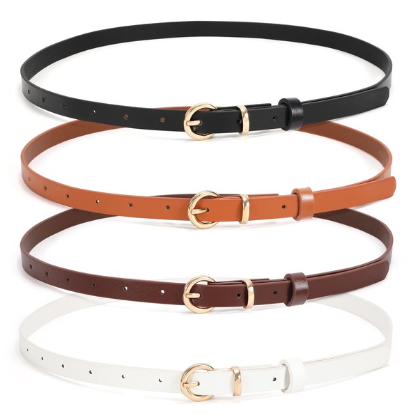 WHIPPY Set of 4 Women Skinny Belts Thin Leather Waist Belt with Alloy Pin Buckle for Pants Jeans Dresses, Black/Brown/Coffee/White,Fits Waist 32"-36"