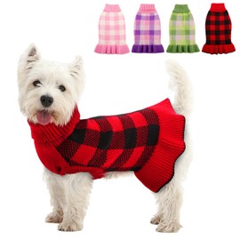 Dog Sweater Dress Plaid Knitwear for Small Medium Dogs Warm Puppy Pet Turtleneck Stretch Pullover Cute Fall Winter Vest Clothes with Leash Hole for Christmas (Red, L)