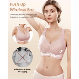 LEYSHE Wireless Support Bra Full Coverage Padded Push Up Wireless Bra No Underwire Comfortable Seamless Wireless Bra for Women,Pink,M