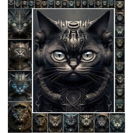 Decoupage Paper Pack (35 Sheets 6"x8") Cyberpunk SciFi Cat Portrait FLONZ Vintage Pictures Reprint Cards for Decoupage, Craft and Scrapbooking