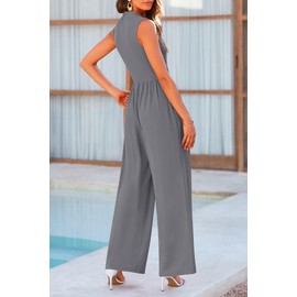 PRETTYGARDEN Womens Summer Jumpsuits Dressy Casual One Piece Outfits Sleeveless Mock Neck Wide Leg Pants Rompers with Pockets (Grey,Medium)