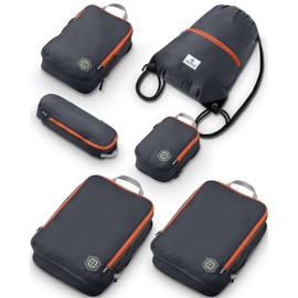 Large Compression Packing Cubes 6 Piece Set for Travel with Lightweight Laundry Bag/Drawstring Backpack for Carry-On Suitcase (Grey/Orange)