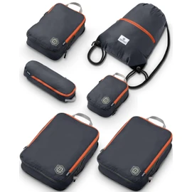 Large Compression Packing Cubes 6 Piece Set for Travel with Lightweight Laundry Bag/Drawstring Backpack for Carry-On Suitcase (Grey/Orange)