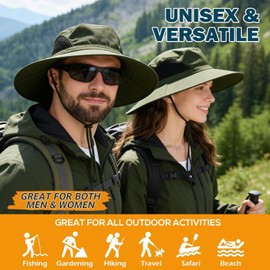 Wide Brim Sun Bucket Hat, Waterproof Boonie Hat for Men & Women | UPF 50+ UV Protection, Adjustable Fit, Chin Strap & Sweatband, Foldable Durable for
