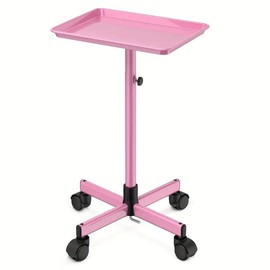 [Salon Tray On Wheels] Premium Aluminum Salon Tray On Wheels - Adjustable Rolling Tray Hairdresser Cart - Color: Pink