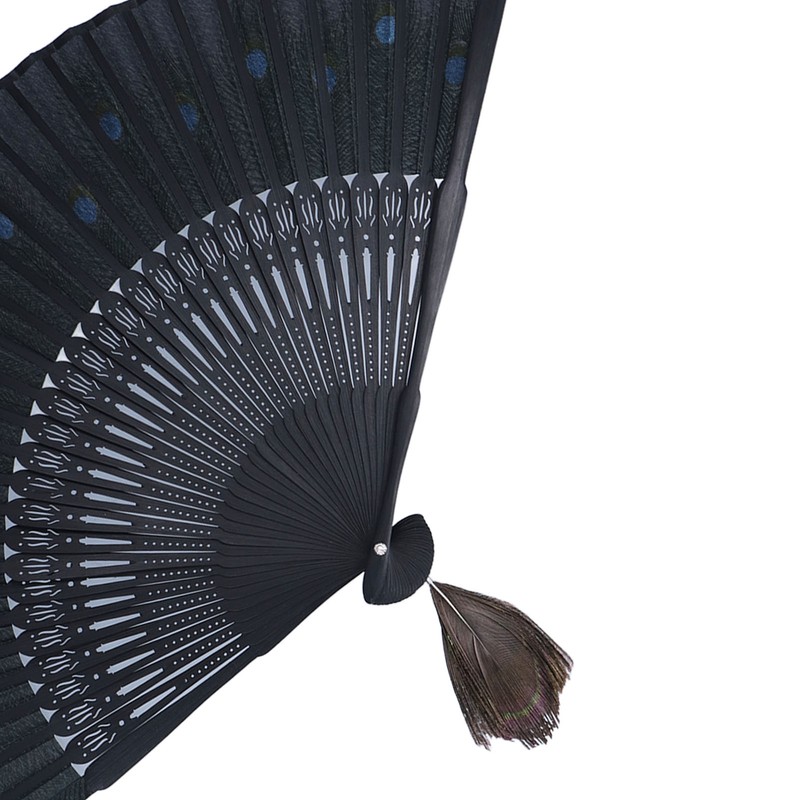 Folding Fan Black Bones Beautiful Peacock Pattern Antique Bamboo Hand