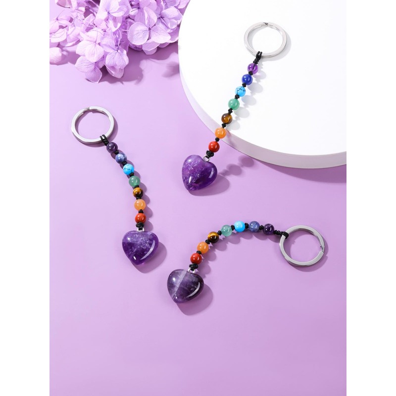 CrystalTears Heart Keyring 7 Chakra Beads Pendant Key Ring Gemstone