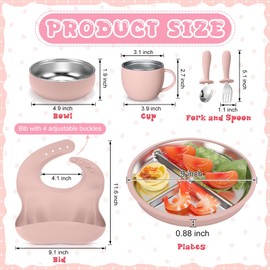 Nuogo 6 Pcs 304 Stainless Steel Kids Plates and Bowls Set 9 Inch Toddle Suction Plates Stainless Steel Bowl and Cup with Removable Silicone Forks Spoons Pocket Bib for Baby Toddle(Dark Pink)