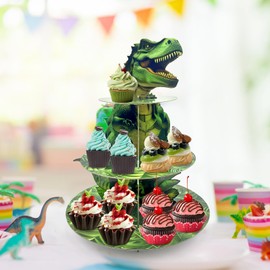 ZyloQwest Dinosaur Cupcake Stand 3-Tier, kids birthday cupcake stand Desserts Display - 19 Inch Cupcake Tower for Dino Jungle Theme